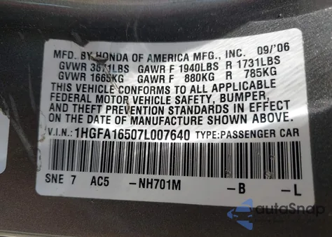 2007 Honda Civic Lx from USA, damaged, VIN 1HGFA16507L007640